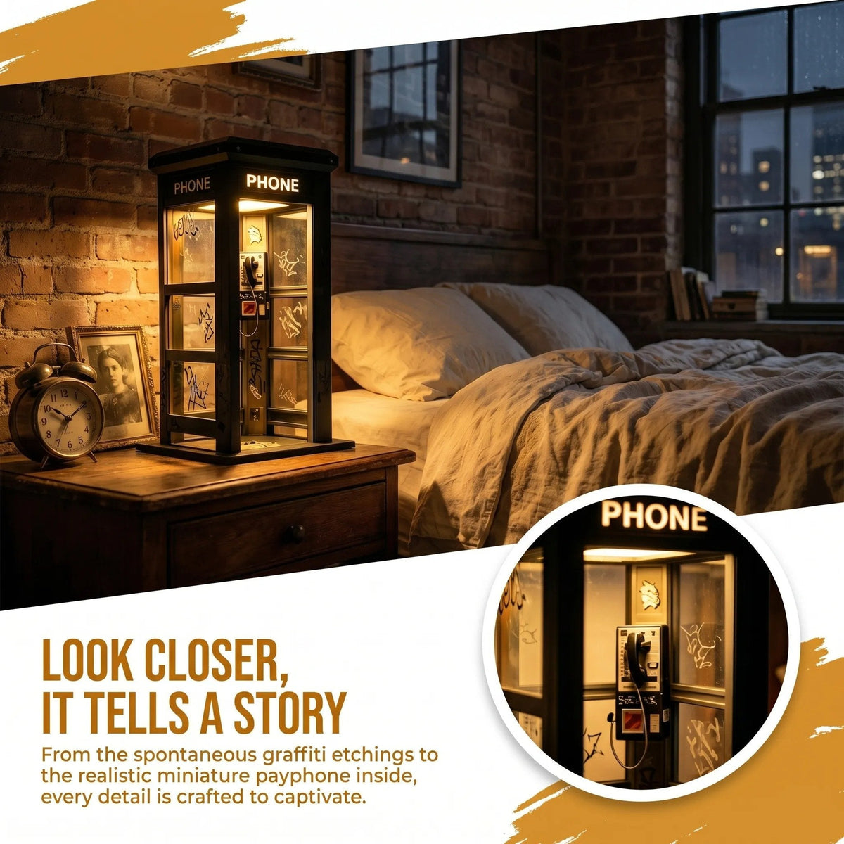Vintage Phone Booth Ambient Lamp — miniature payphone detail