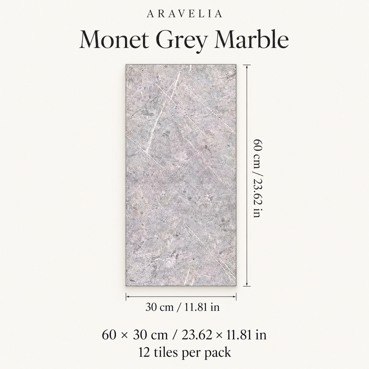 Monet Grey Marble — 12 tiles, each 60 × 30 cm (23.62 × 11.81 in)