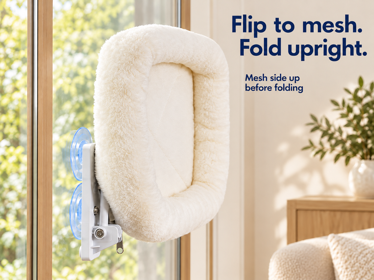 Window perch folded upright after flipping to the mesh side