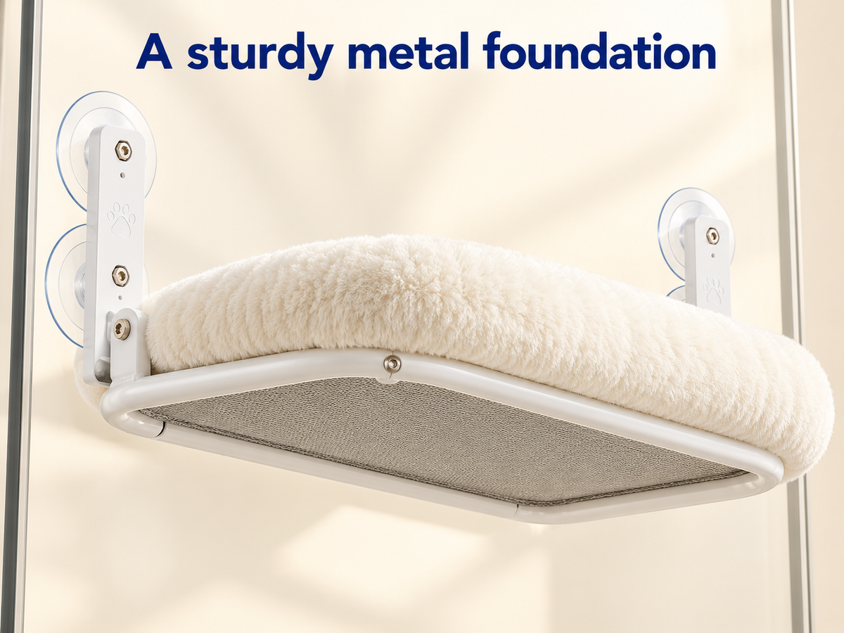 White tubular metal support frame beneath the window perch