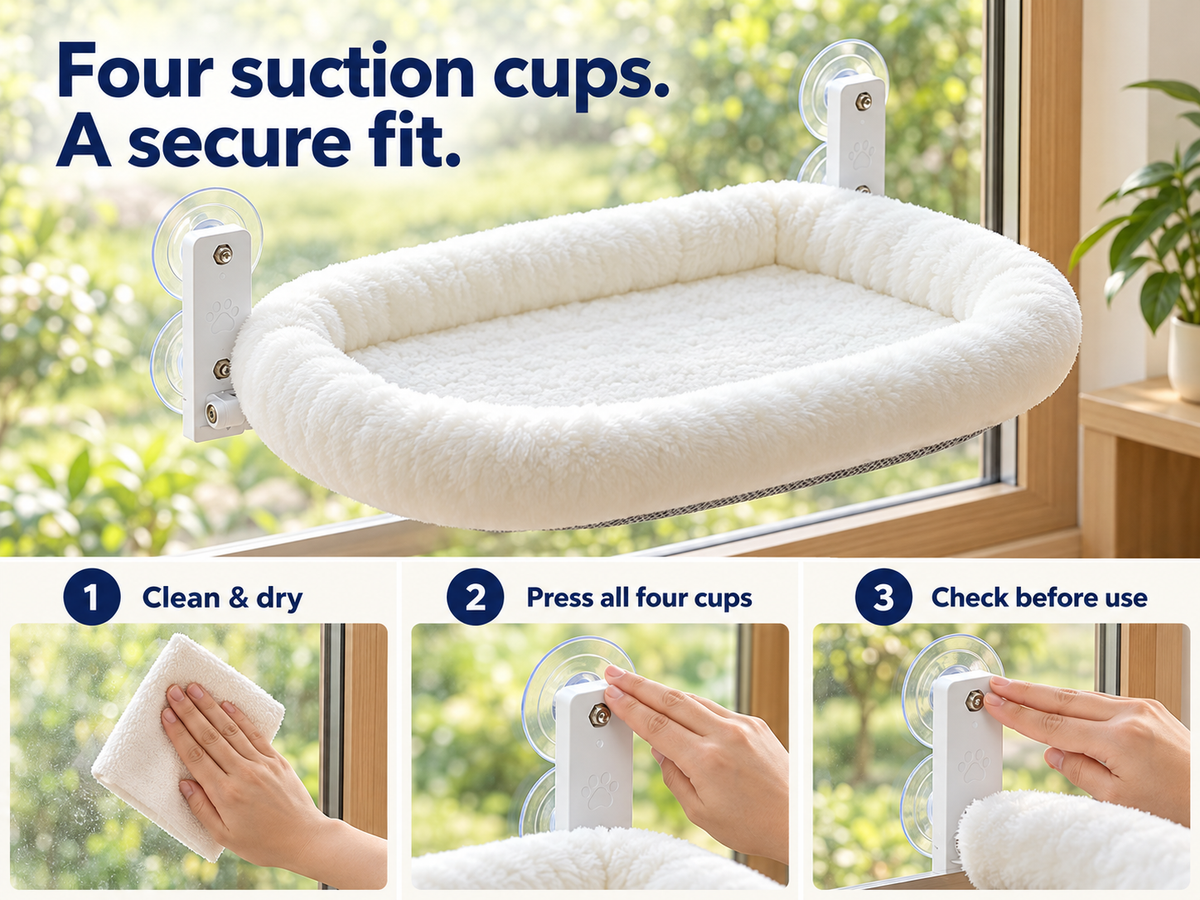 Installing the perch with four suction cups on clean dry glass