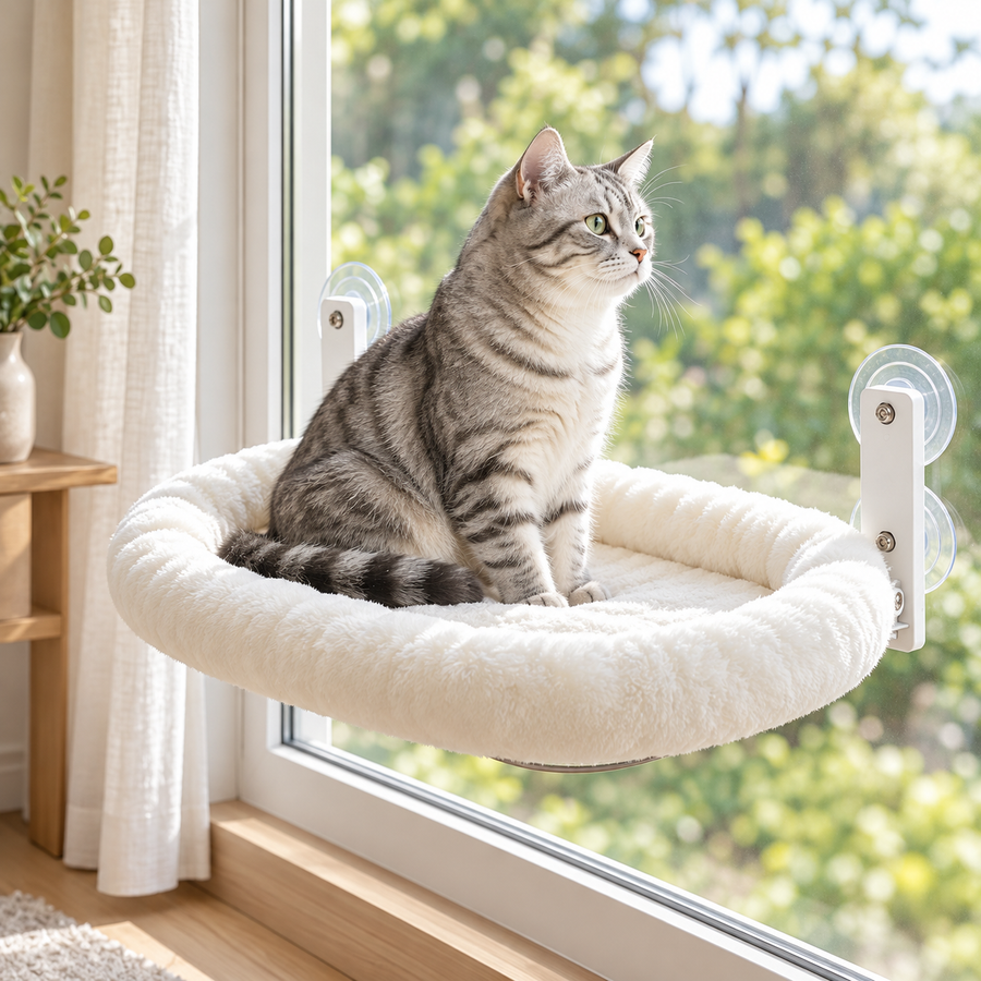 Cat watching outside from its plush window perch