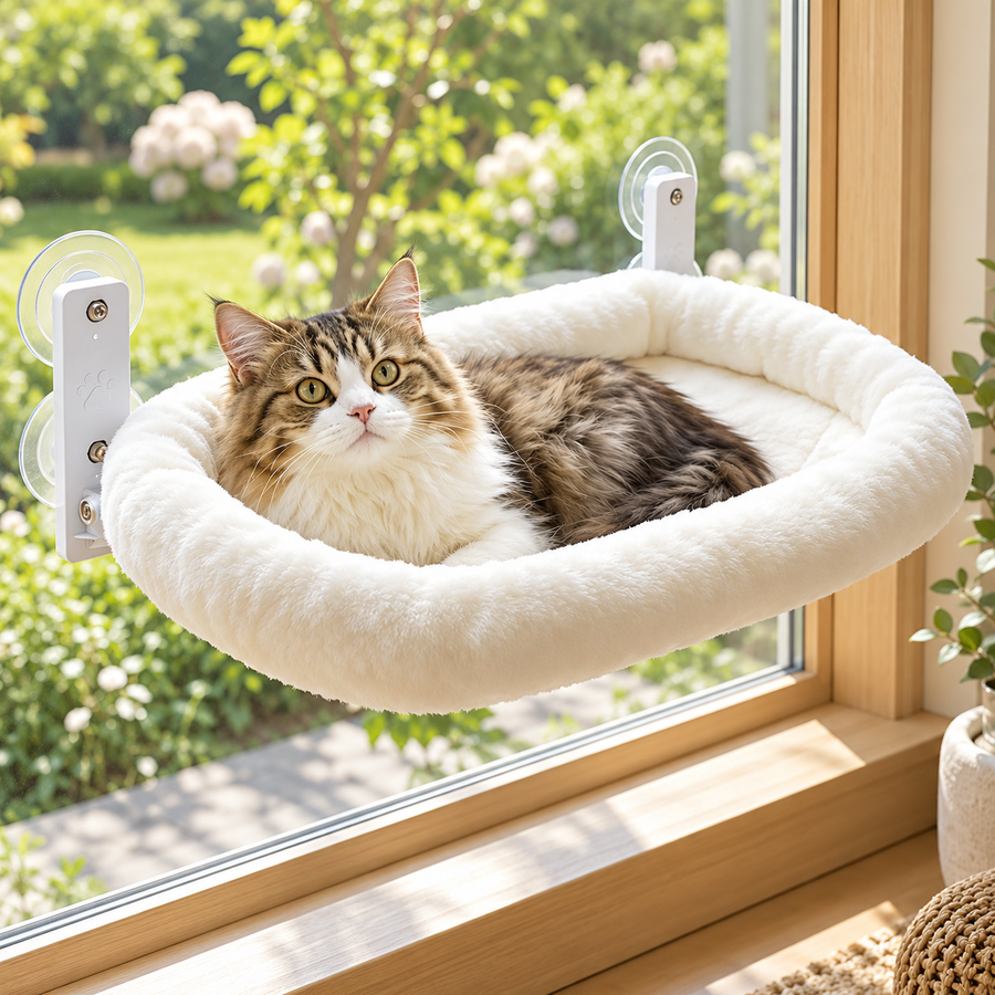 Cat reclining in the white window perch in a softly lit room