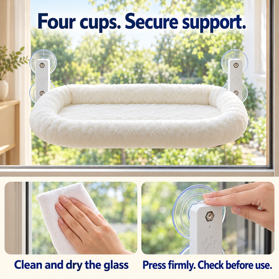 Four suction cups and installation steps: clean dry glass, press firmly and check attachment