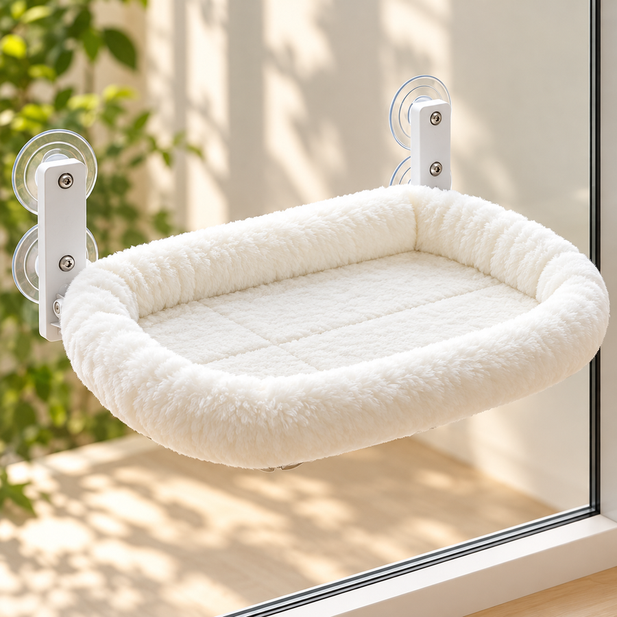 White plush window perch with four suction cups