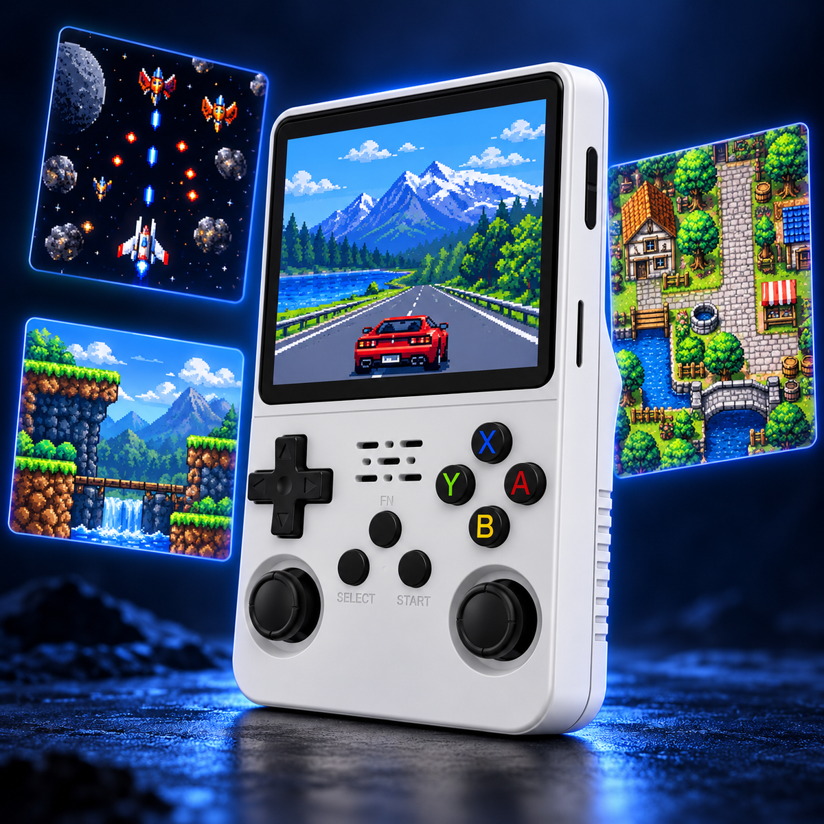 Illustrative retro gaming genres: racing, arcade, platform and adventure