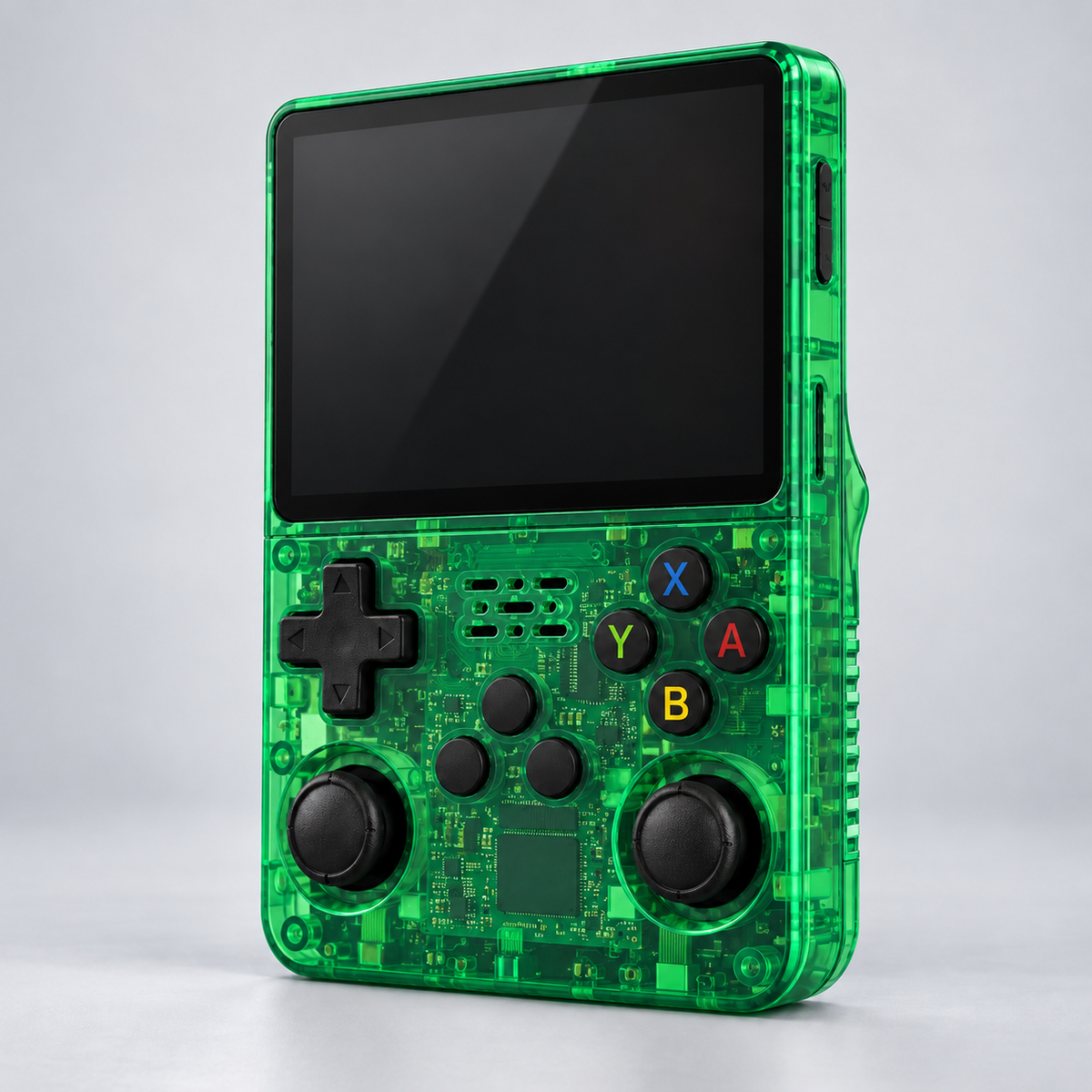 Green retro handheld console, front three-quarter view