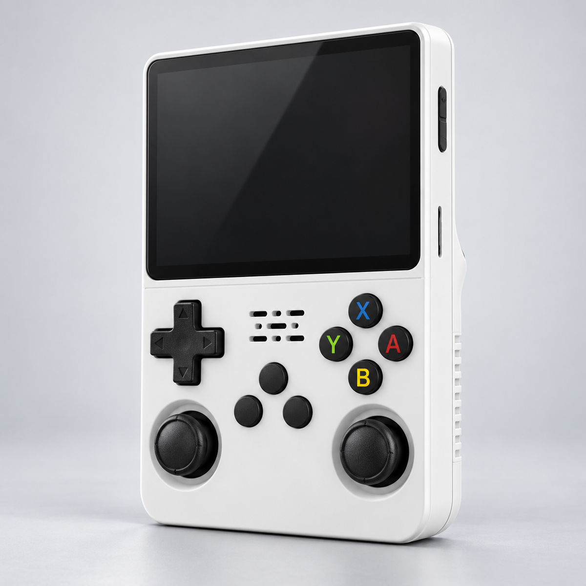 White retro handheld console, front three-quarter view