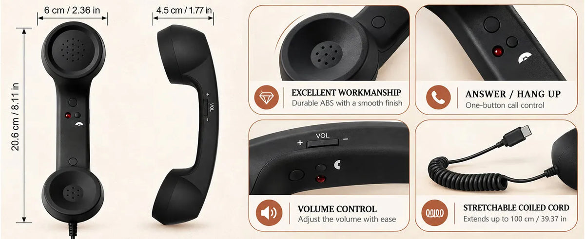 Handset controls, microphone and coiled cord