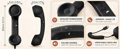 Handset controls, microphone and coiled cord