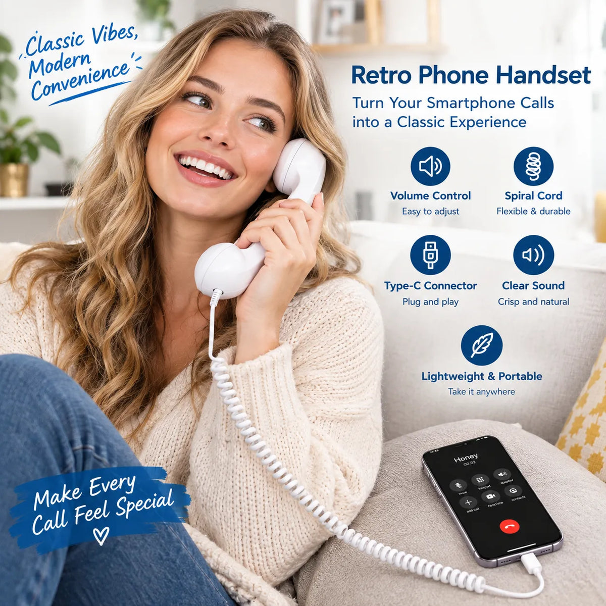 Retro handset in use with microphone and volume control