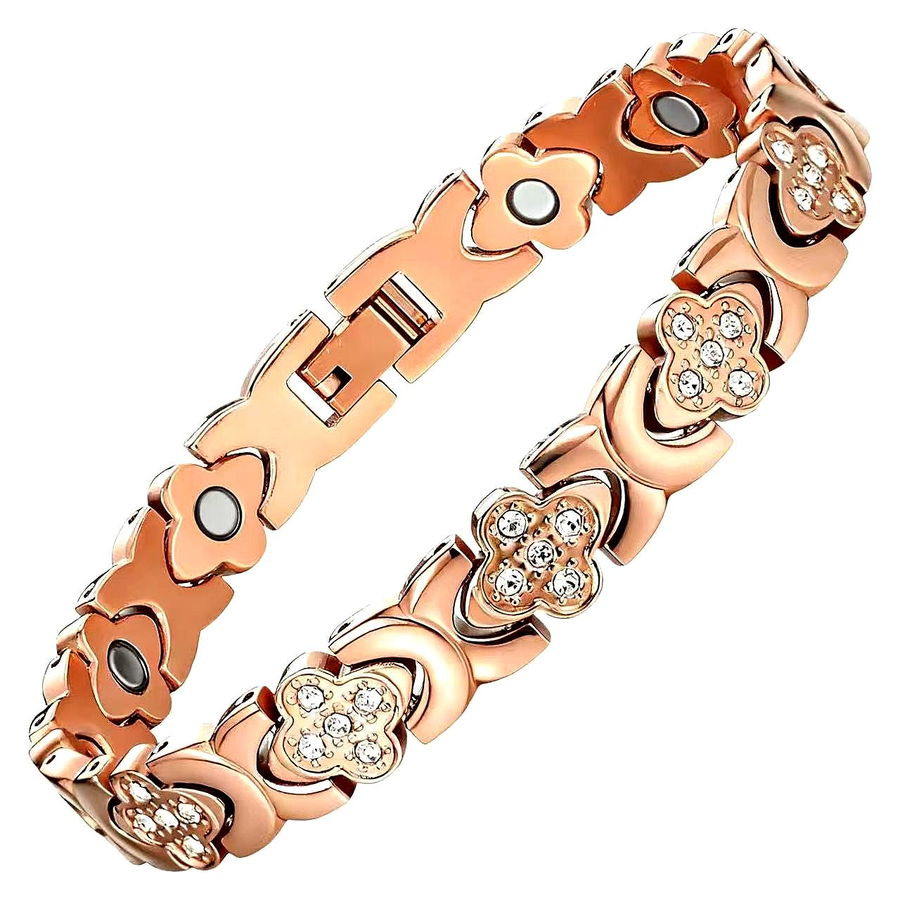 Rose Gold flower copper bracelet with clover-shaped links and clear decorative stones