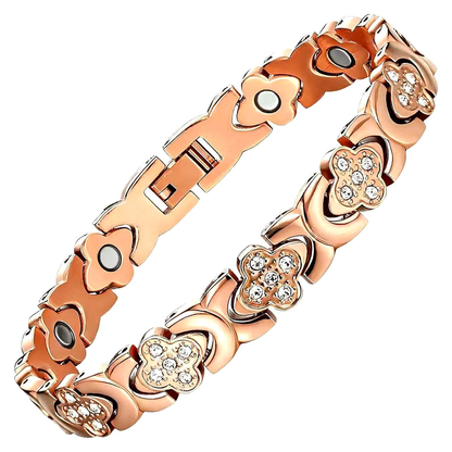 Rose Gold flower copper bracelet with clover-shaped links and clear decorative stones