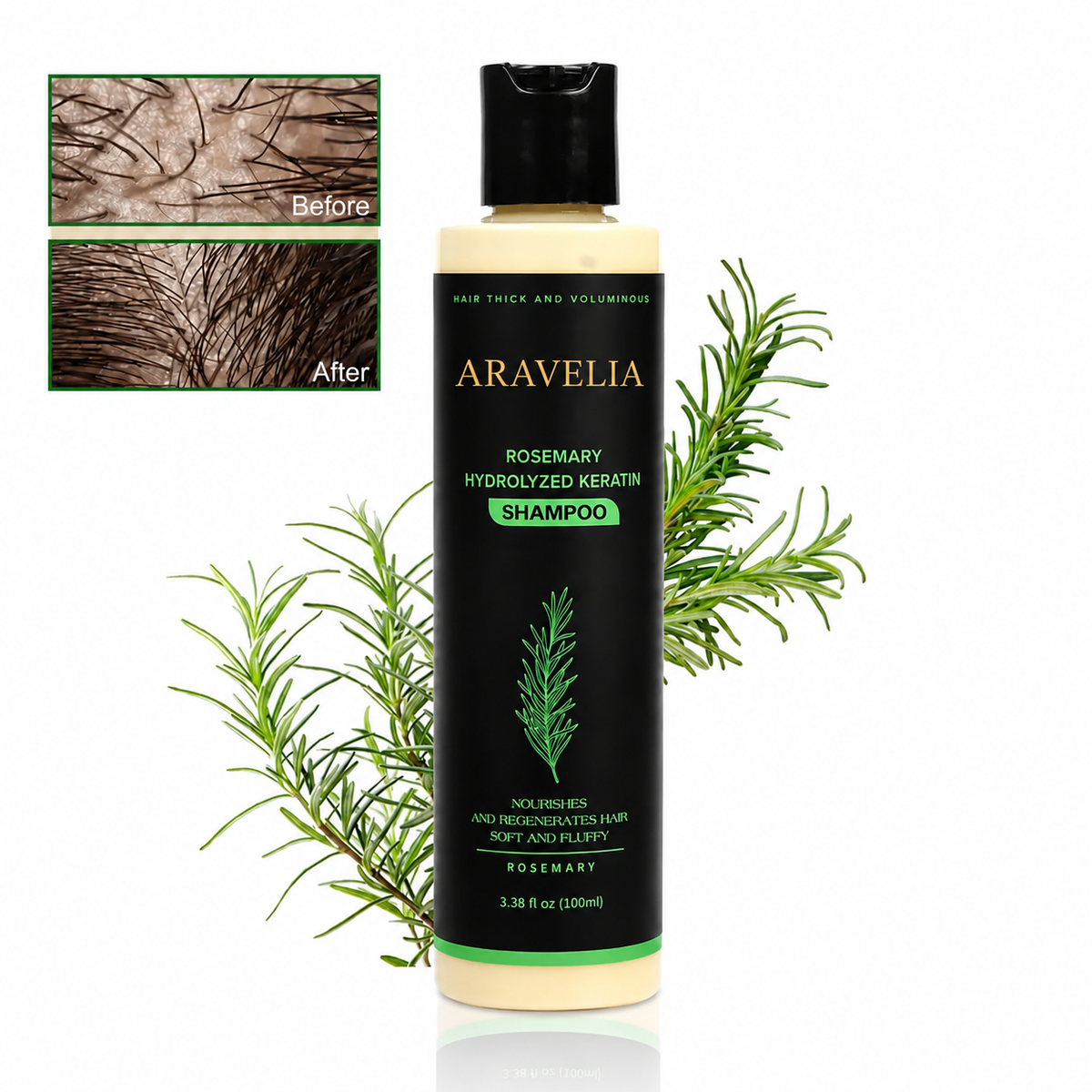 Rosemary and hydrolyzed keratin shampoo bottle with rosemary sprigs