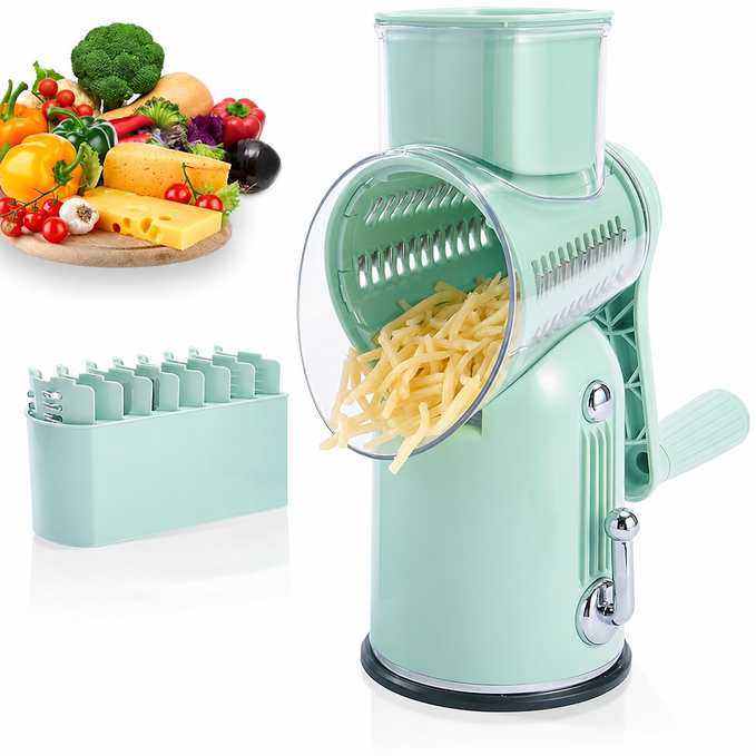 5-in-1 rotary food chopper in aquamarine with blade storage box