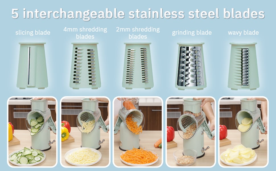 Five interchangeable stainless steel cutting blades