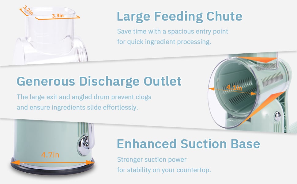 Wide feeding chute, discharge outlet and suction base