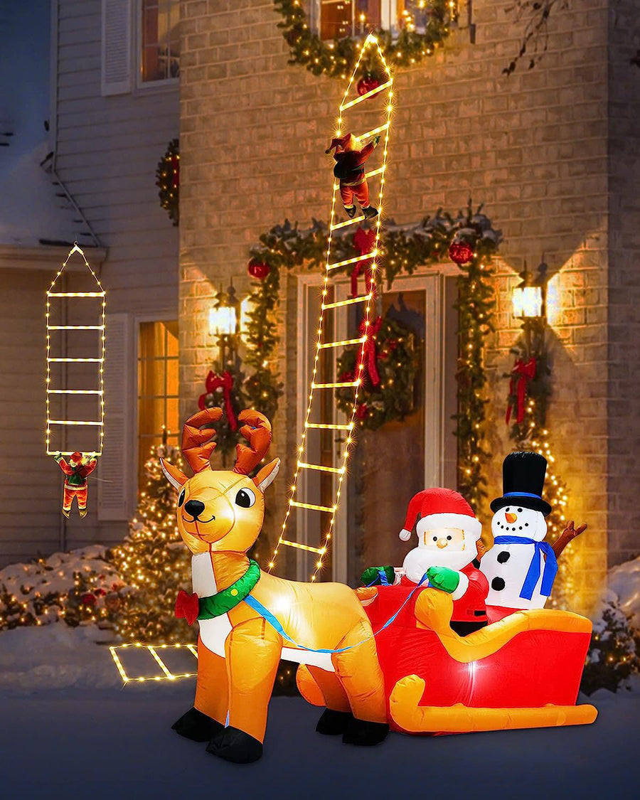 Santa ladder lighting a front entrance