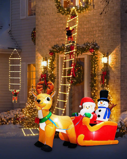 Santa ladder lighting a front entrance