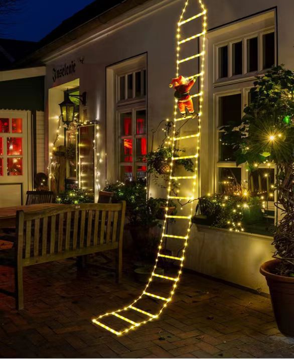 Warm white Santa ladder lights outside a home