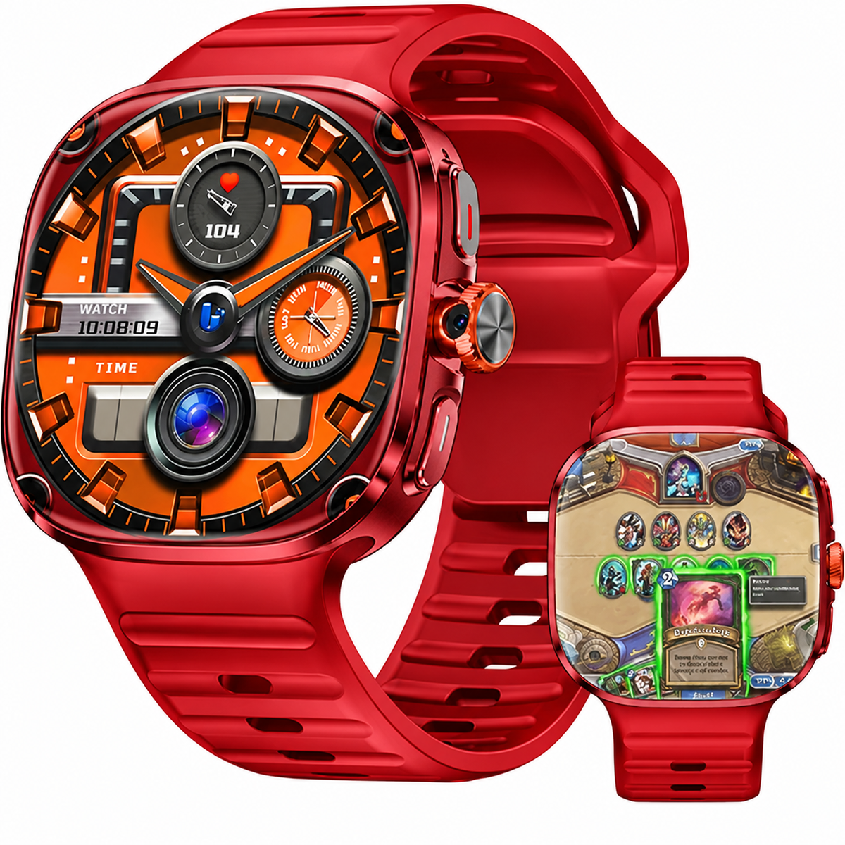 Red large-screen camera smartwatch — AI-generated color illustration