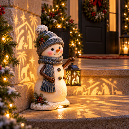 Solar snowman holding a glowing Nativity lantern