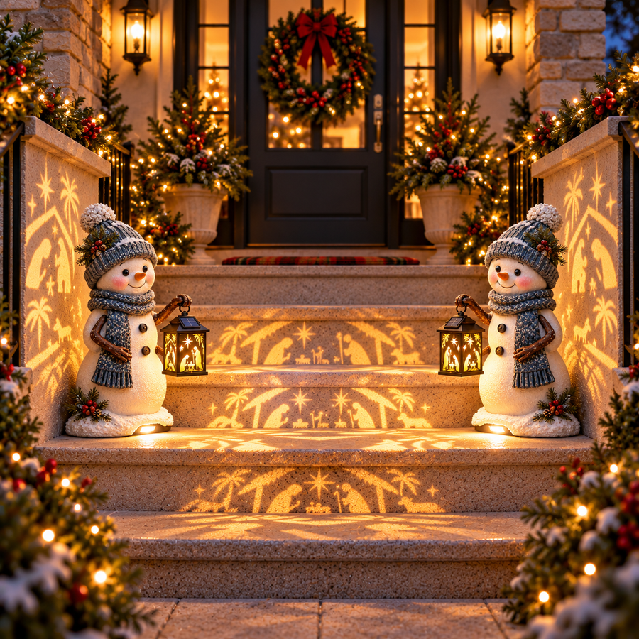 Two solar snowmen decorating an entrance