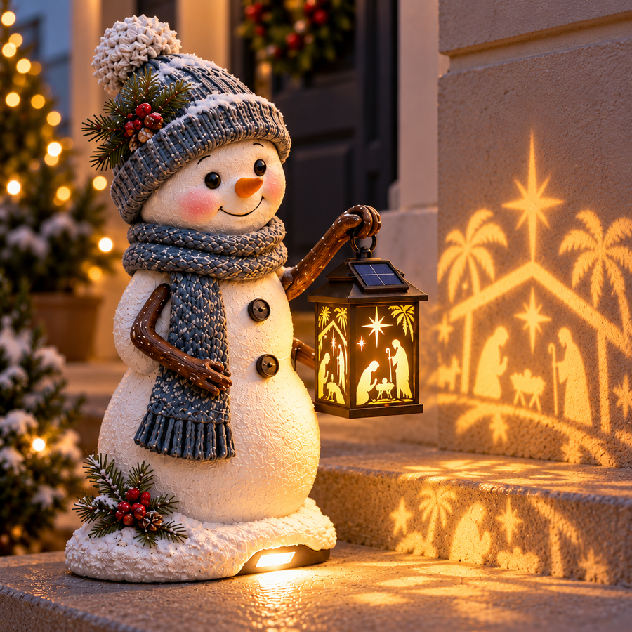 Close view of the snowman and Nativity lantern