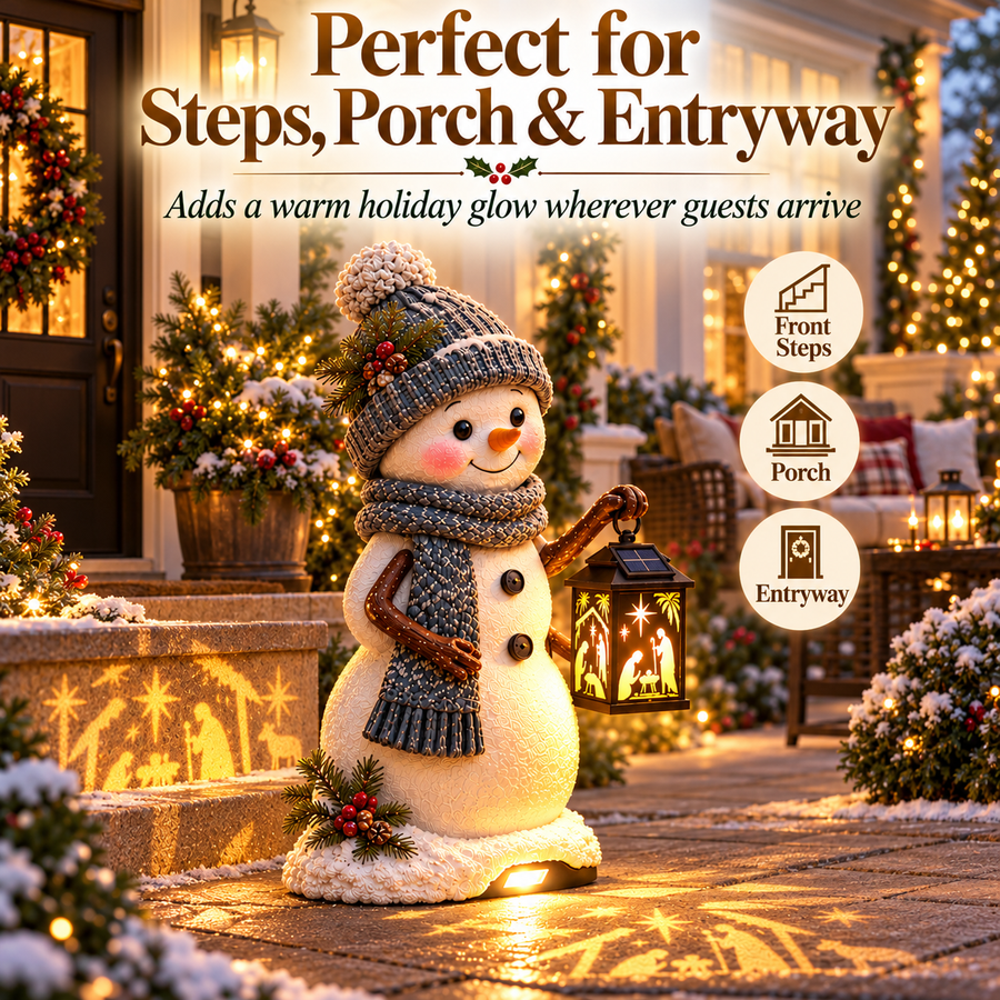 Snowman on a decorated Christmas porch