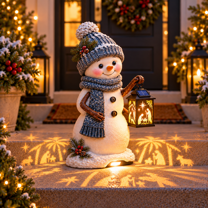 Snowman lantern at night