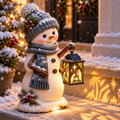 Nativity lantern beside a Christmas snowman