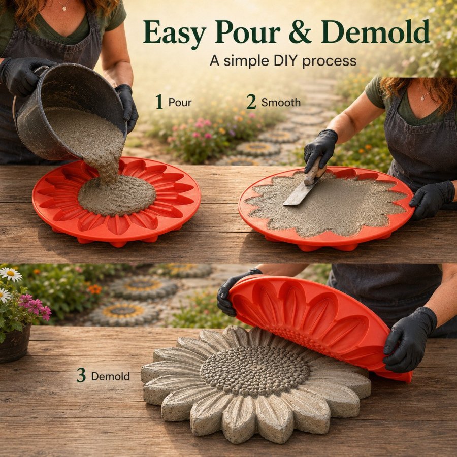 Three steps: pour concrete, smooth the surface, and gently demold the sunflower