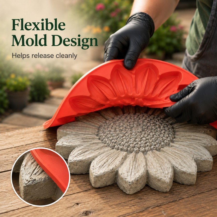 Flexible red mold being gently peeled from a cured sunflower stone