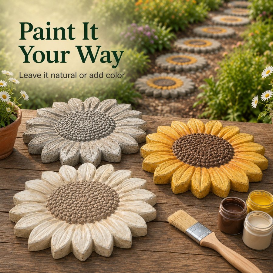 Natural, yellow and ivory painted sunflower concrete stones