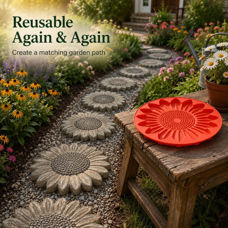 Reusable red mold beside a coordinated sunflower garden path