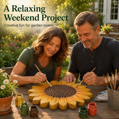 Two adults painting a sunflower stone as a weekend garden project