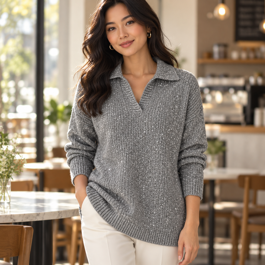 Sparkly Polo Sweater — Silver
