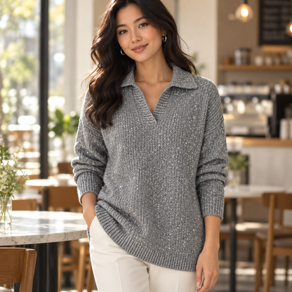 Sparkly Polo Sweater — Silver