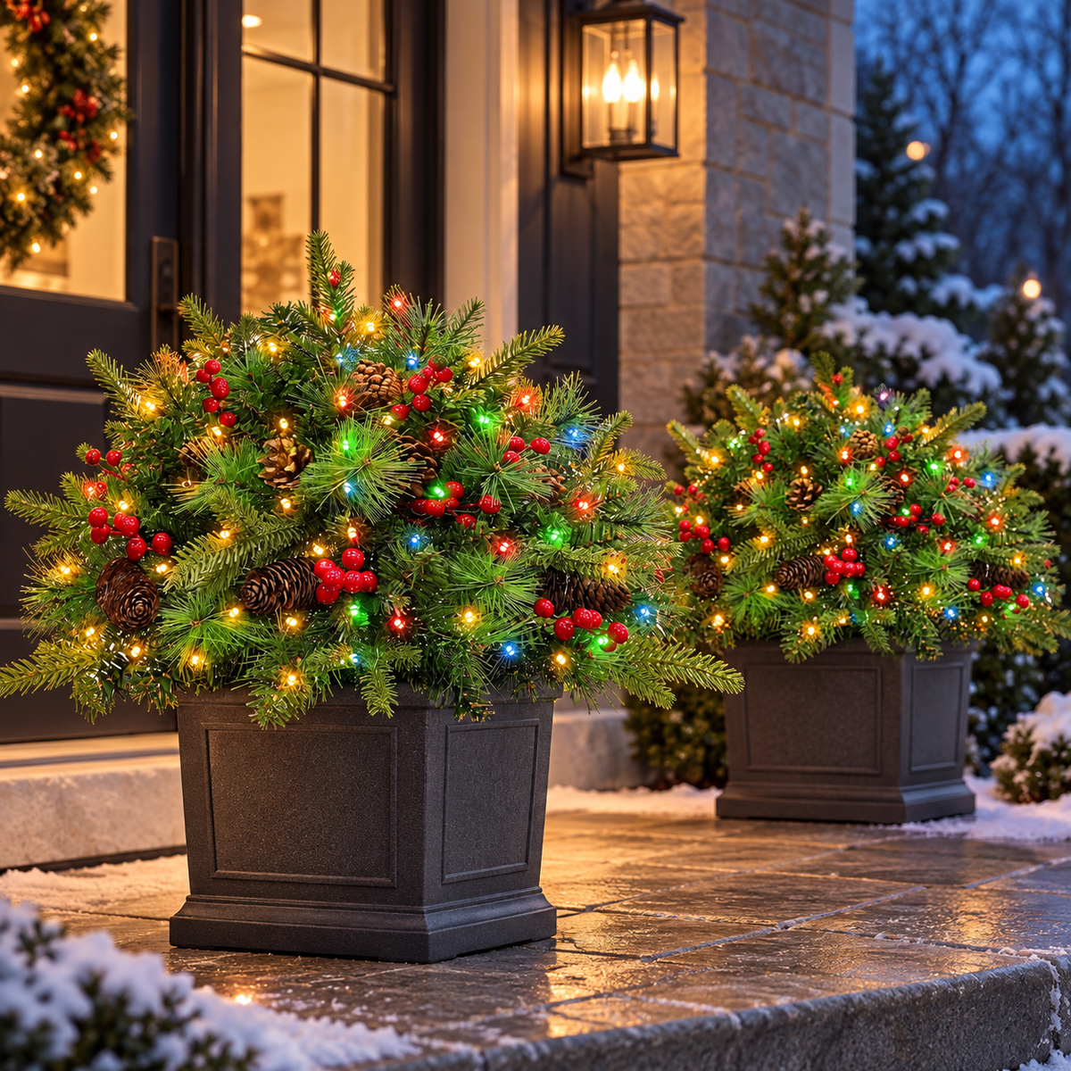 AI-styled porch scene showing two dual-color Christmas urn fillers in decorative planters; planters are not included.