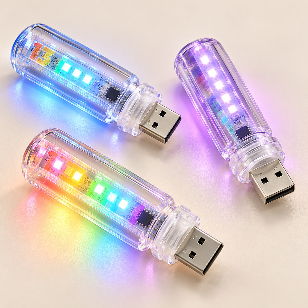 Three retro USB-A ambient lights with blue, violet and multicolor illumination — AI-generated product illustration