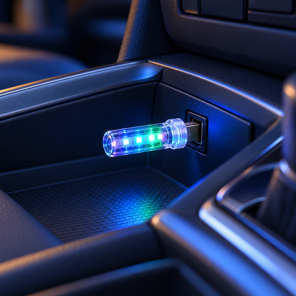 USB ambient light plugged into a car console — AI-generated product illustration