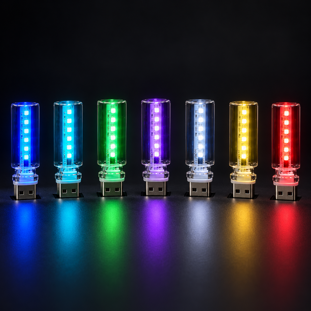 Seven steady color settings, shown on USB-powered lights — AI-generated product illustration
