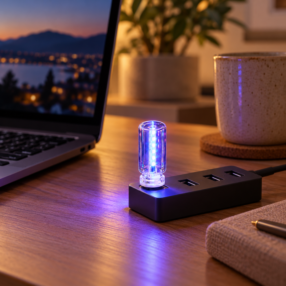 USB ambient light illuminating a home desk — AI-generated product illustration