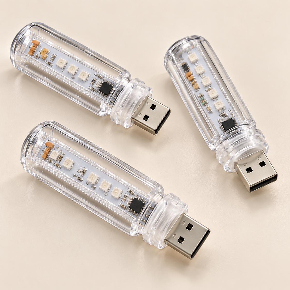 Three clear retro USB-A ambient lights, unlit studio product view — AI-generated product illustration
