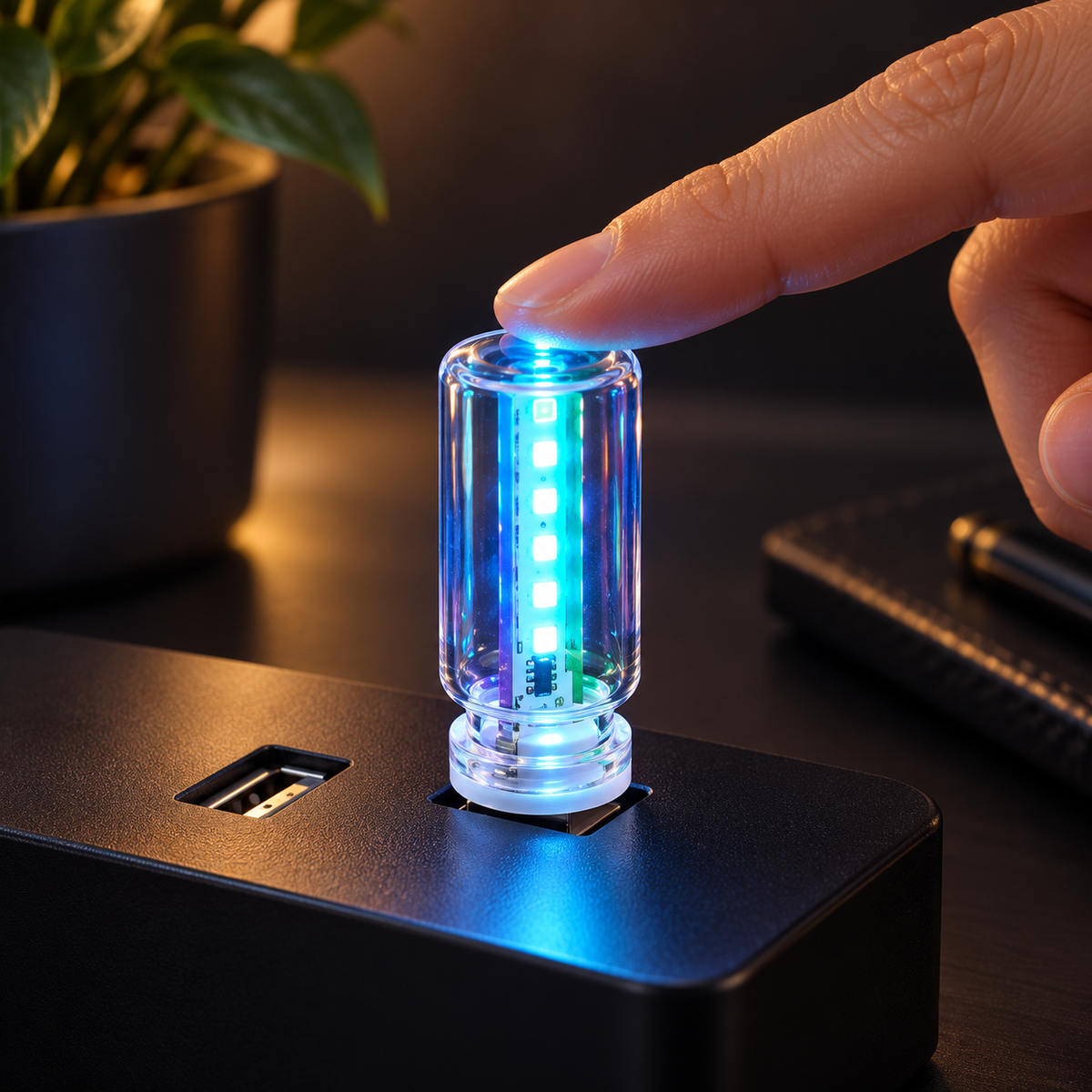 Fingertip operating the top touch control — AI-generated product illustration