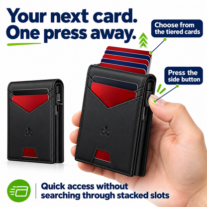 Press the side button for tiered pop-up card access
