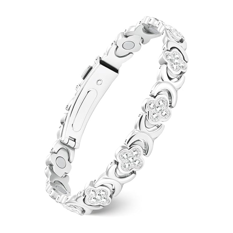 White flower copper bracelet with clover-shaped links