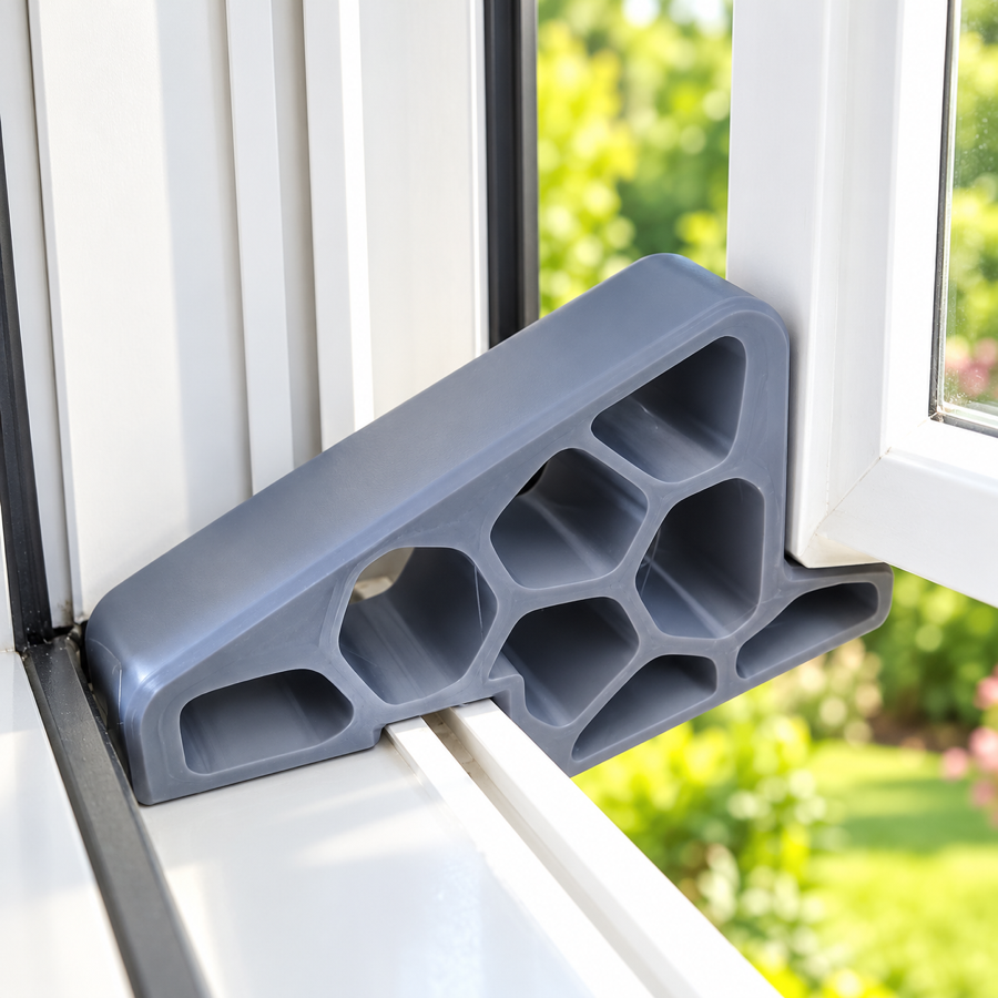 Gray silicone stopper positioned between a compatible open window sash and frame