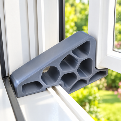 Gray silicone stopper positioned between a compatible open window sash and frame