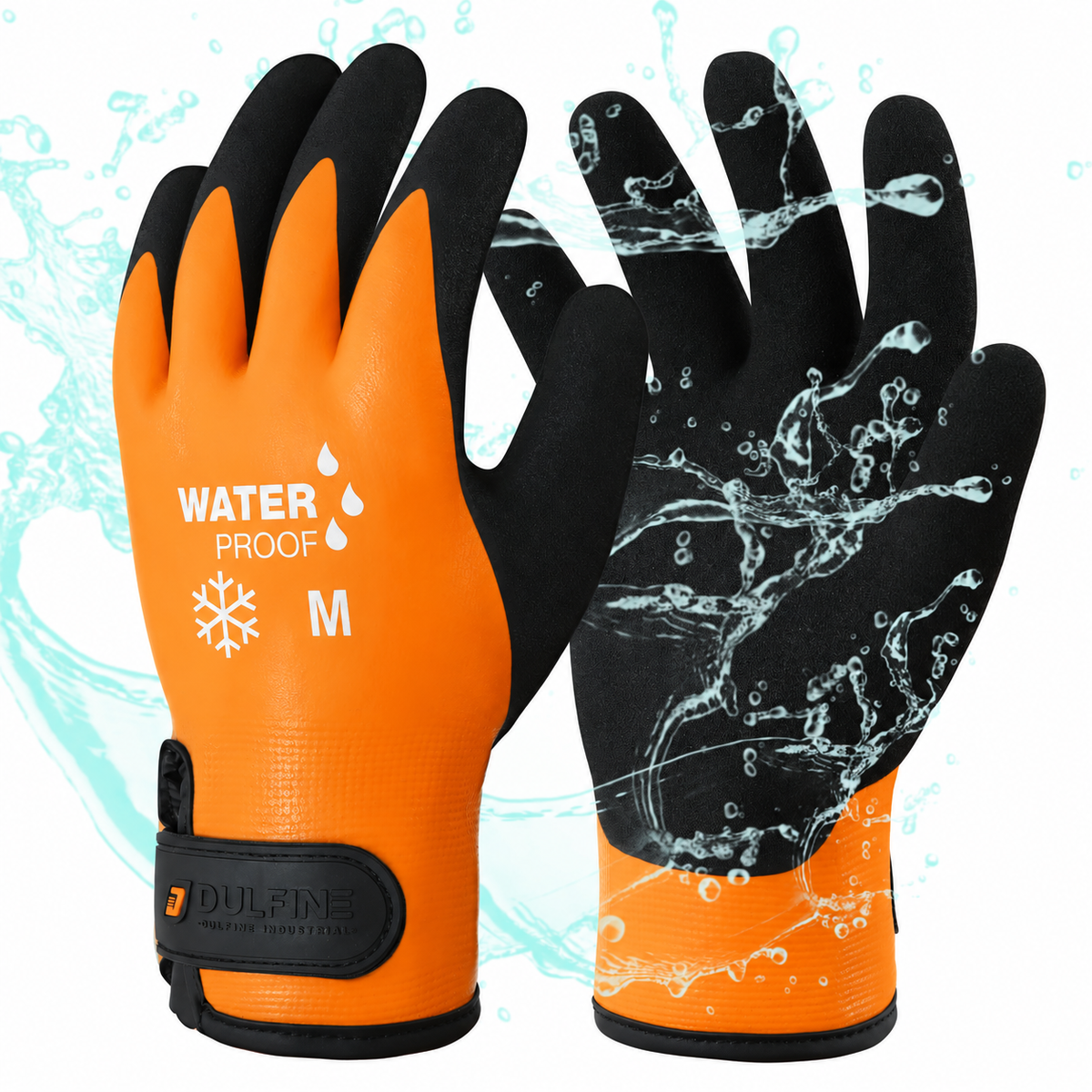 Orange waterproof thermal work gloves — one pair; digitally recolored product illustration